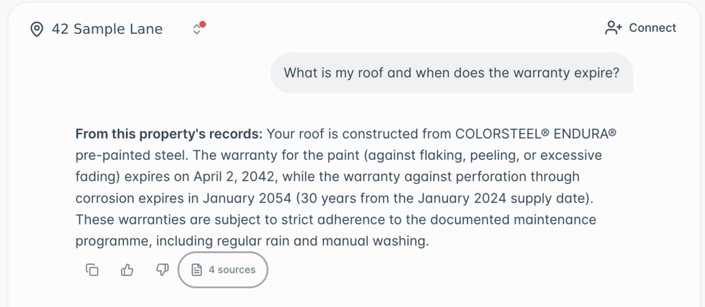 Example question about a roof and its warranty, answered from property records with four source documents to check.