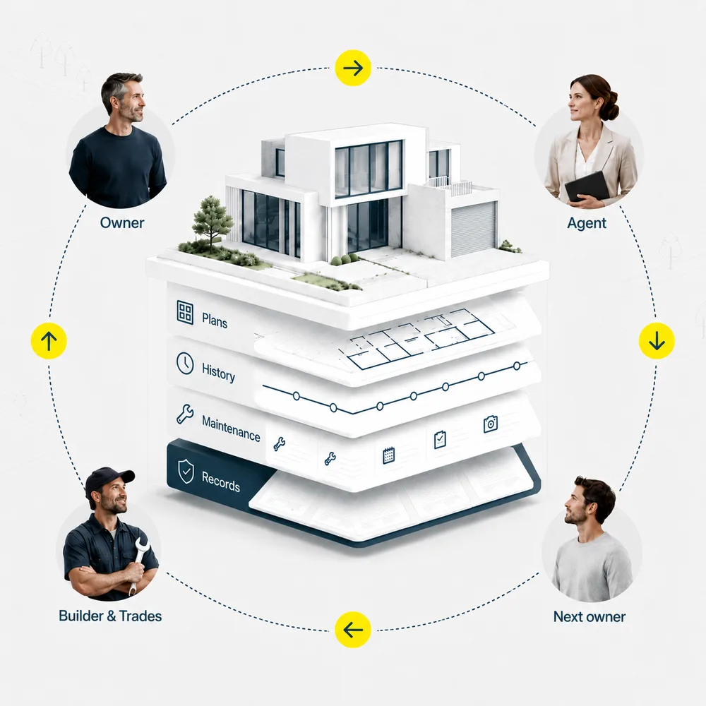 A property record passed in a loop between owner, agent, next owner, and builder and trades, with layers for plans, history, maintenance, and records
