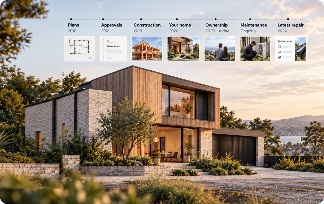 A homeownership timeline showing plans, approvals, construction, ownership, maintenance, and a latest repair above a modern home