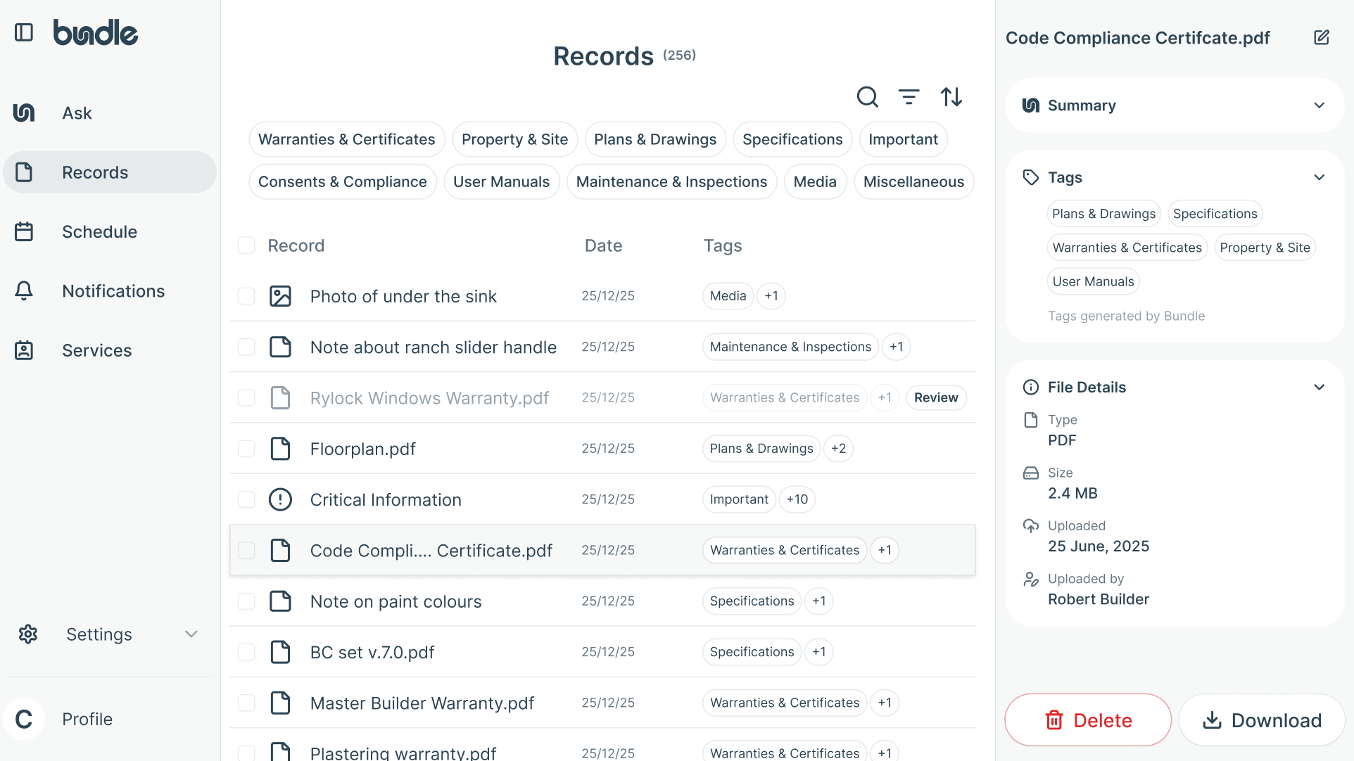 Bundle Records view showing property documents organised by category with an open Code Compliance Certificate PDF