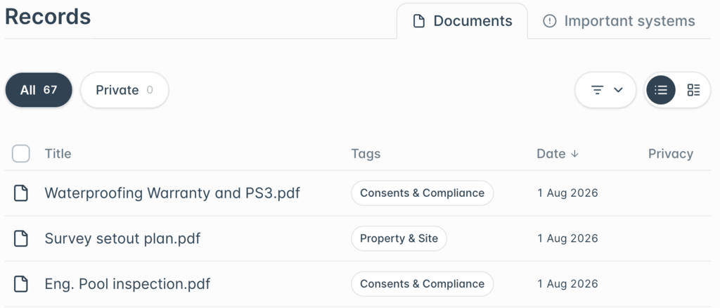 Bundle property records list showing example documents, including a waterproofing warranty, a survey setout plan and an engineering pool inspection, tagged Consents & Compliance or Property & Site.